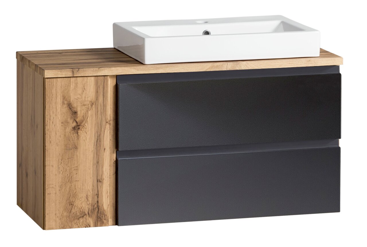 XORA Waschtisch-Set VARESE Waschtisch-Set 105 cm mit Holzoptik und grauen Schubladen, seitliche Perspektive