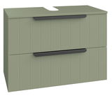 Grüner Waschbeckenunterschrank mit zwei Schubladen und schwarzen Griffen, Frontansicht