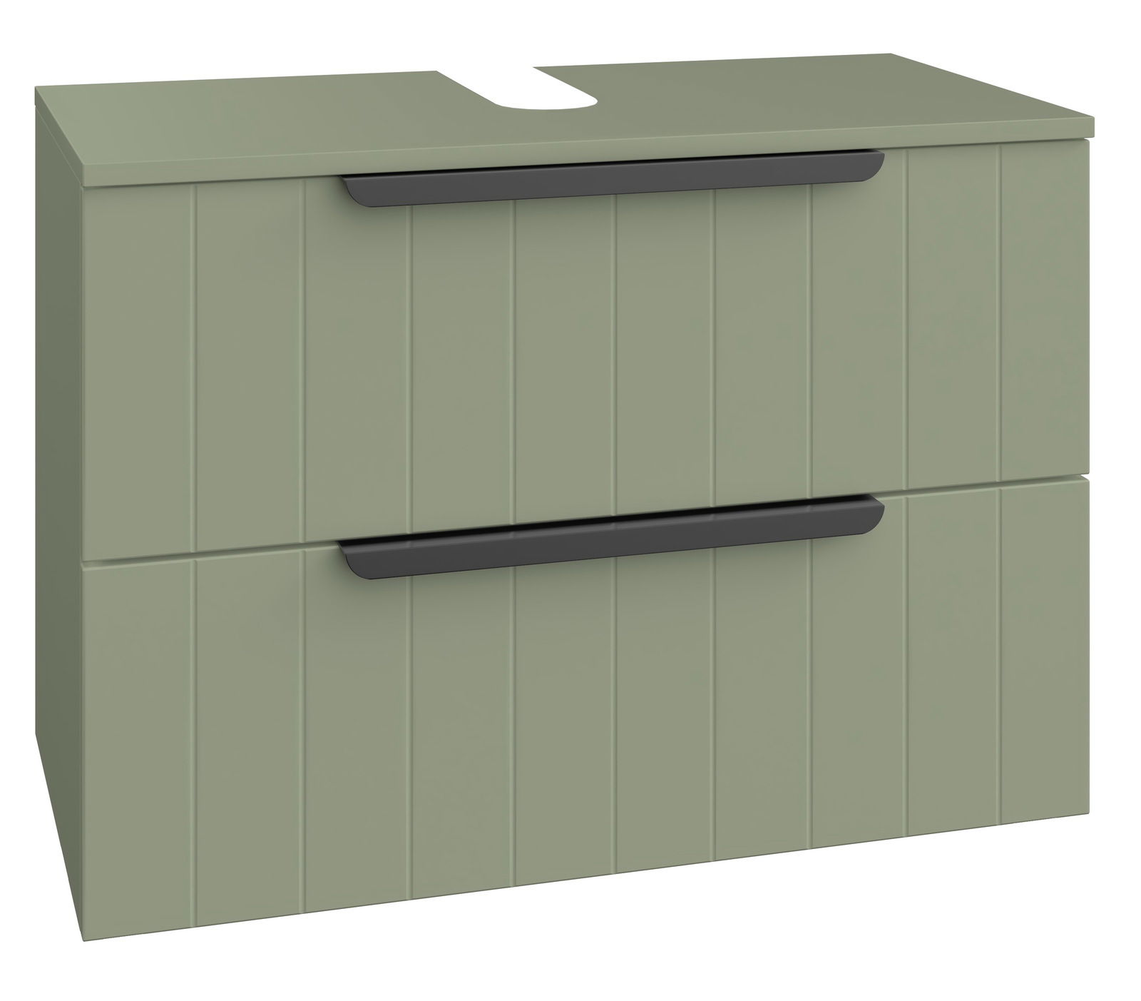 Grüner Waschbeckenunterschrank mit zwei Schubladen und schwarzen Griffen, Frontansicht