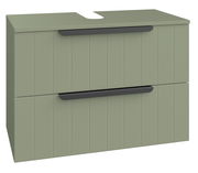 Grüner Waschbeckenunterschrank mit zwei Schubladen und schwarzen Griffen, Frontansicht