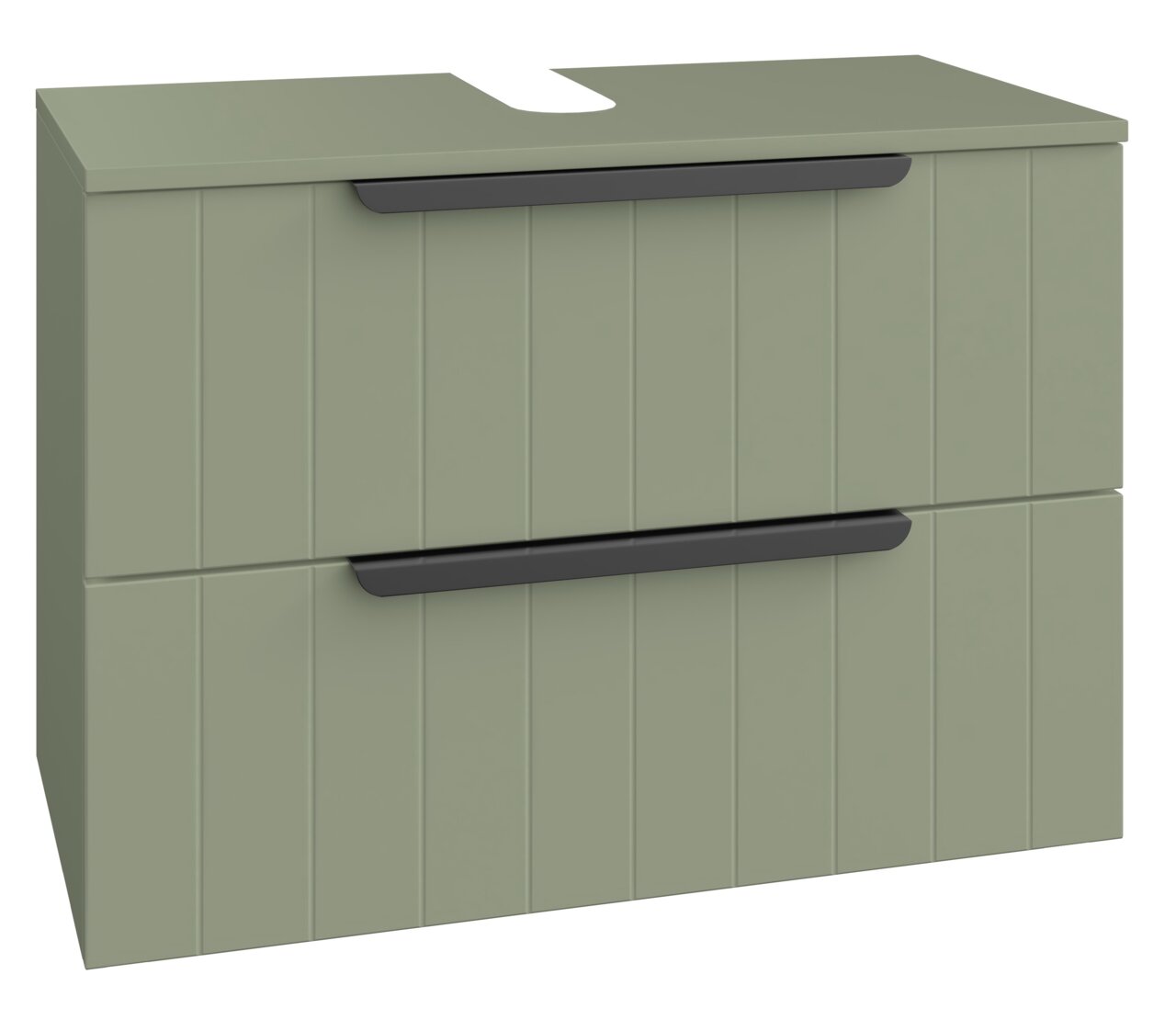 XORA Waschbeckenunterschrank ITALLO Grüner Waschbeckenunterschrank mit zwei Schubladen und schwarzen Griffen, Frontansicht