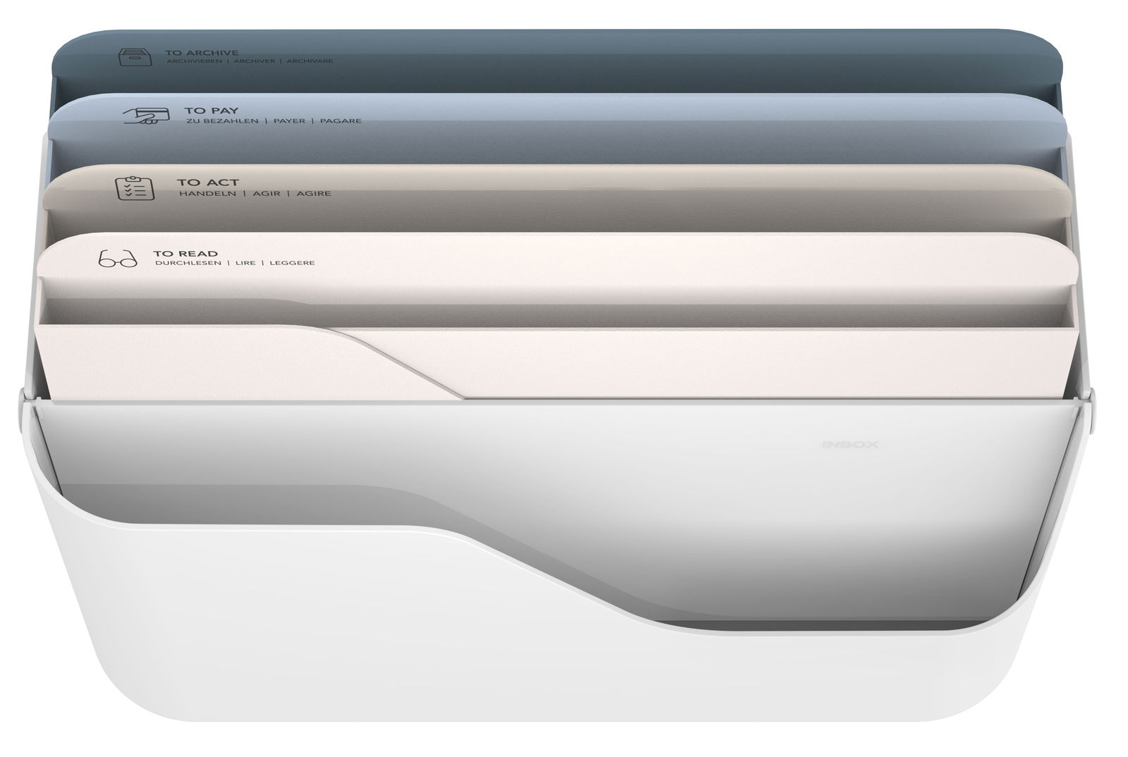 Dokumentenorganizer Inbox mit fünf farblich sortierten Fächern, beschriftet mit 'To Archive', 'To Pay', 'To Act', 'To Read'. Ansicht von oben.