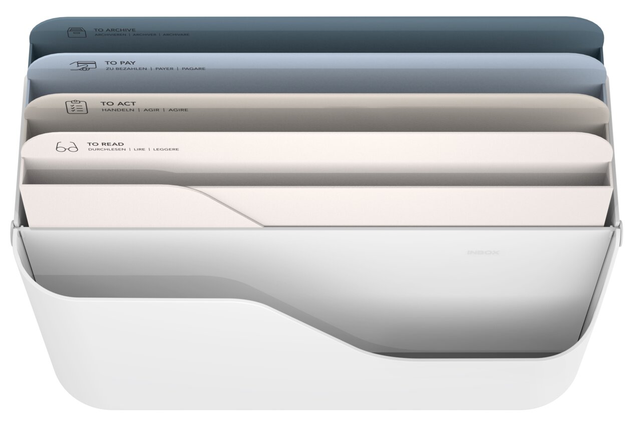 Dokumentenorganizer Inbox mit fünf farblich sortierten Fächern, beschriftet mit 'To Archive', 'To Pay', 'To Act', 'To Read'. Ansicht von oben.