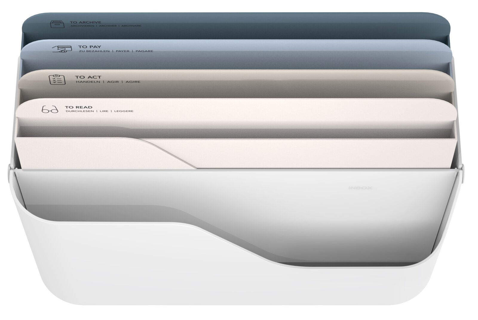 Documentenorganizer Inbox met vijf op kleur gesorteerde vakken, voorzien van de labels 'To Archive', 'To Pay', 'To Act' en 'To Read'. Aanzicht van bovenaf.