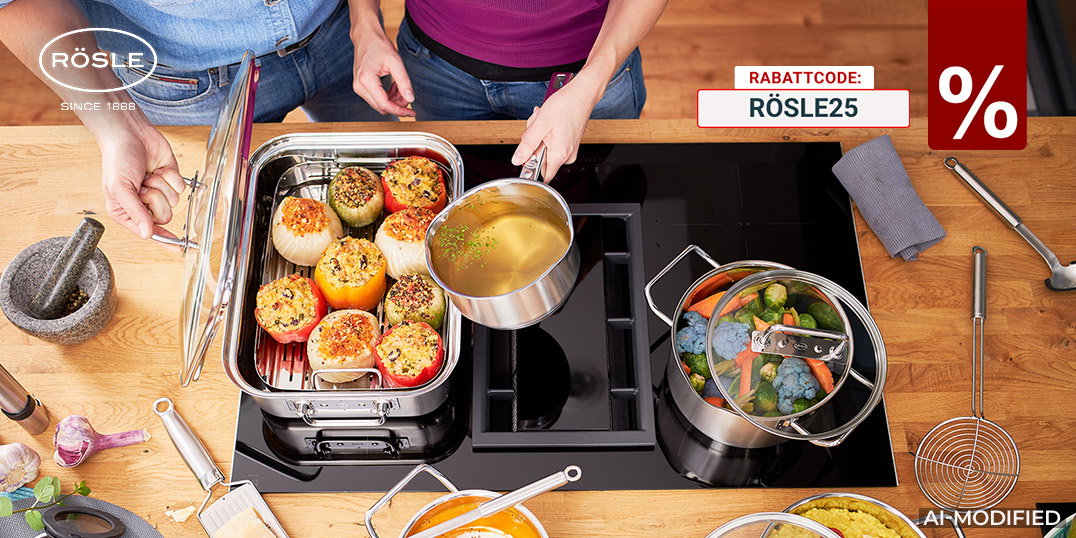 Zwei Personen kochen mit Töpfen, Bräter und frischem Gemüse in einer modernen Küche. KI-generiert