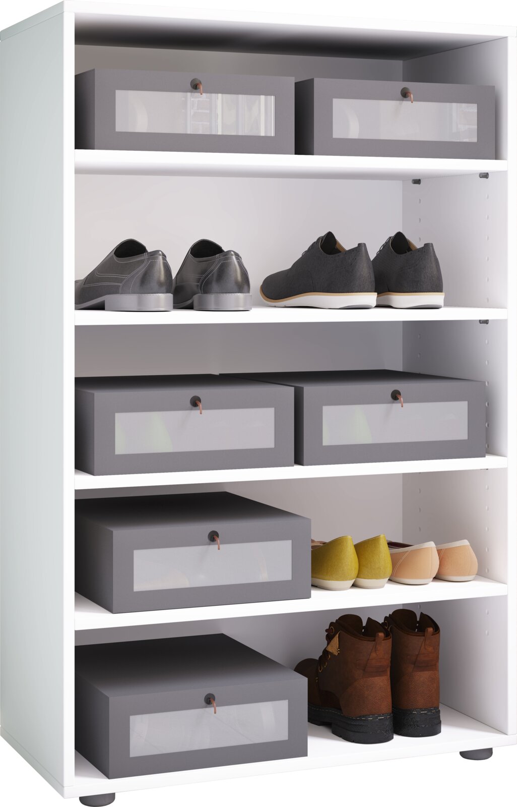 Offener weißer Schuhschrank mit mehreren Fächern, grauen Schuhboxen mit Sichtfenster und verschiedenen Schuhpaaren, frontale Ansicht leicht von links