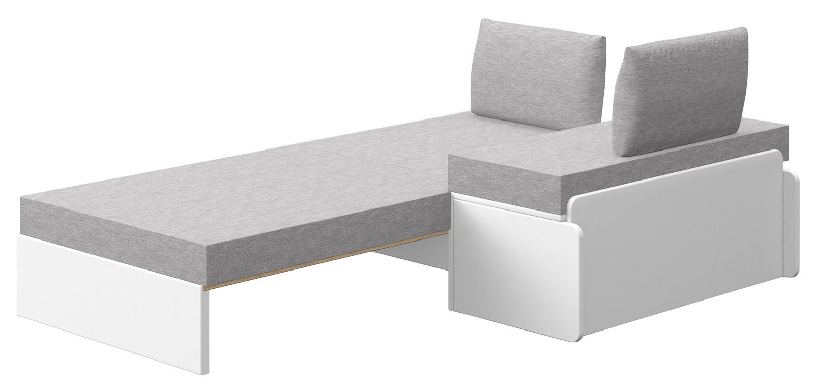 Sofabett in seitlicher Perspektive mit grauen Kissen und weißem Rahmen
