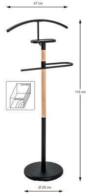 Herrendiener aus Massivholz und Metall, 112 cm hoch, mit Kleiderbügel und Ablage, seitliche Ansicht.