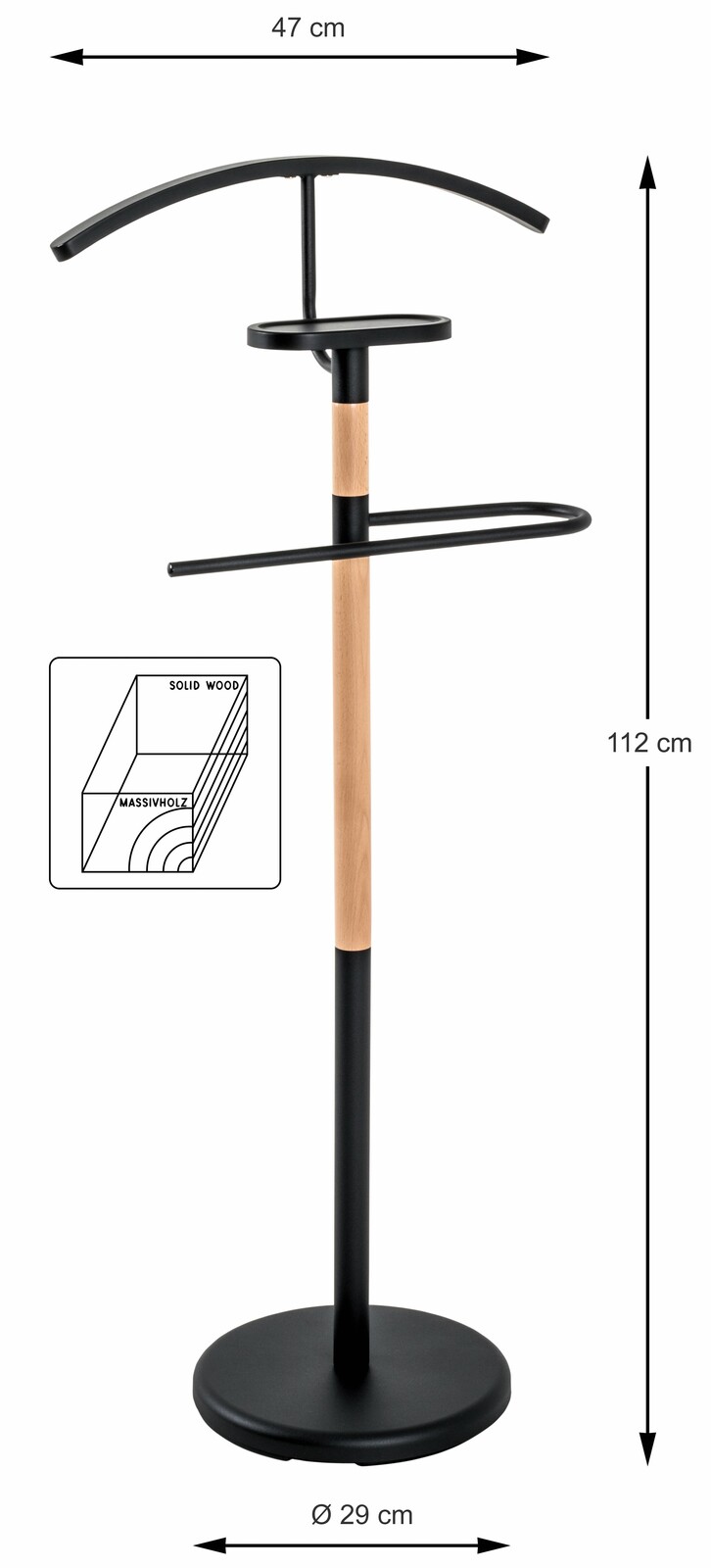 Herrendiener aus Massivholz und Metall, 112 cm hoch, mit Kleiderbügel und Ablage, seitliche Ansicht.