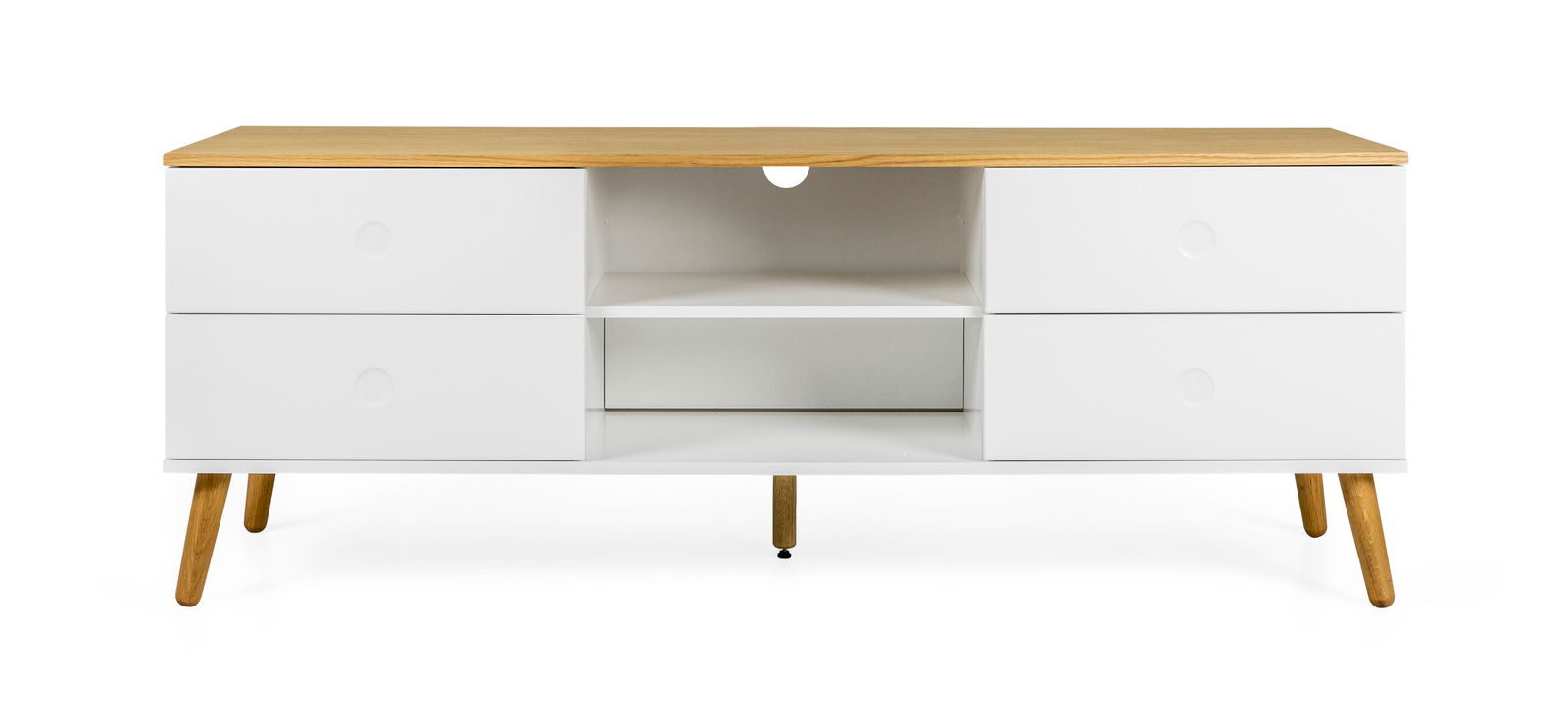 Modernes TV-Board mit weißem Korpus, vier Schubladen und offenen Fächern, Holzbeine, Frontalansicht