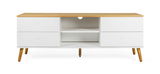 Modernes TV-Board mit weißem Korpus, vier Schubladen und offenen Fächern, Holzbeine, Frontalansicht