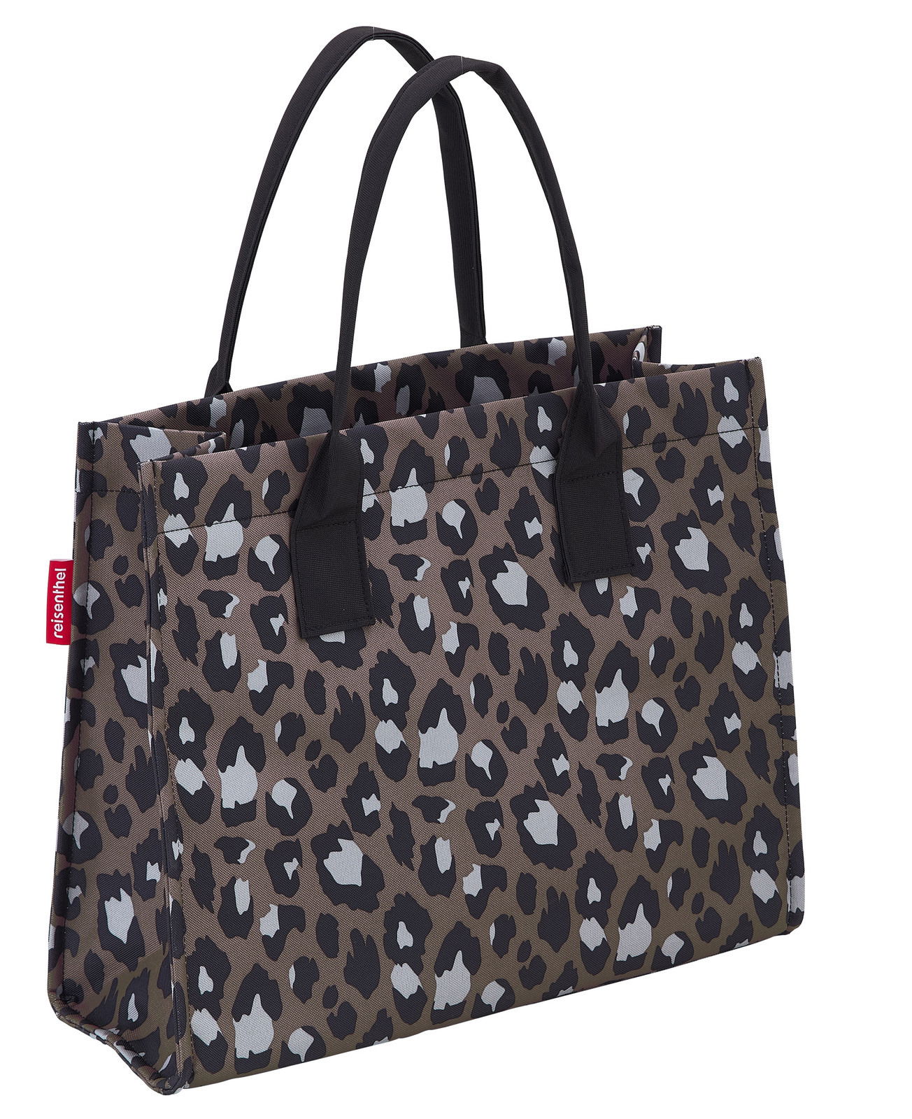 Reisenthel Daily Shopper LEO CHOCOLATE Leopardenmuster Einkaufstasche mit schwarzen Griffen, seitliche Perspektive