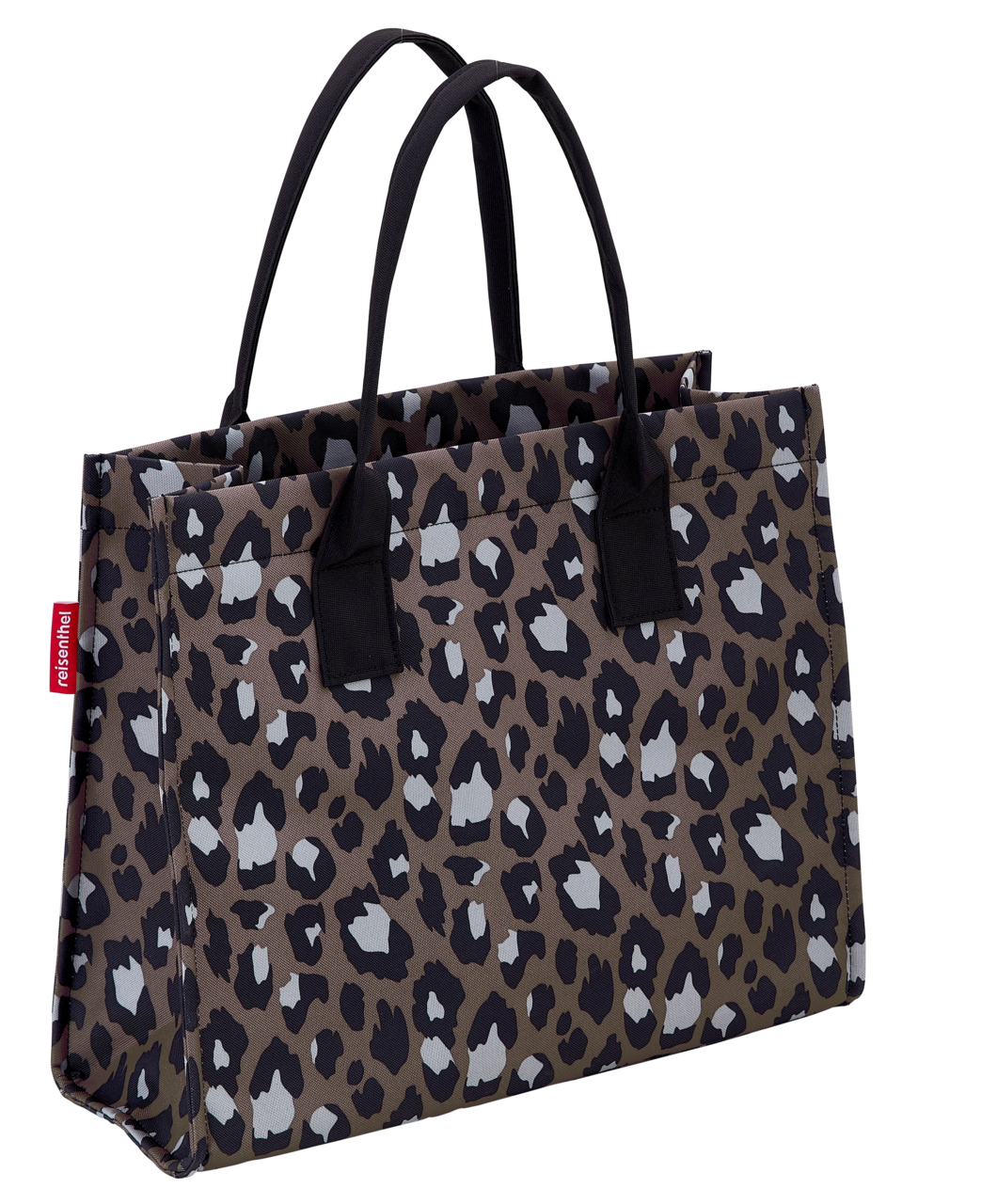 Reisenthel Daily Shopper Leo Chocolate Leopardenmuster Einkaufstasche mit schwarzen Griffen, seitliche Perspektive