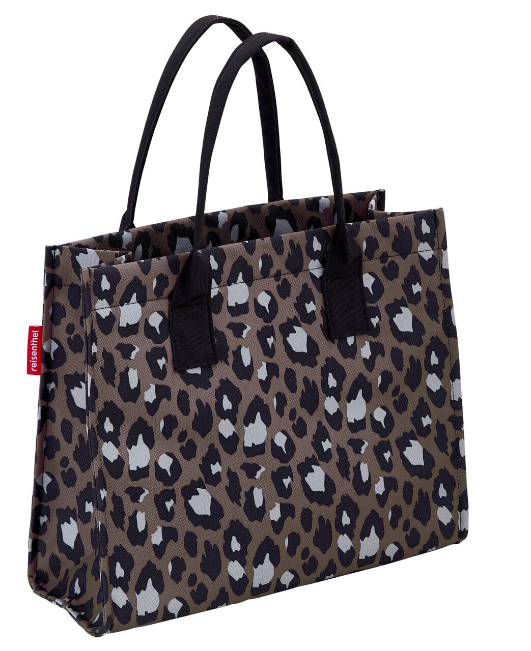 Reisenthel Daily Shopper Leo Chocolate Leopardenmuster Einkaufstasche mit schwarzen Griffen, seitliche Perspektive