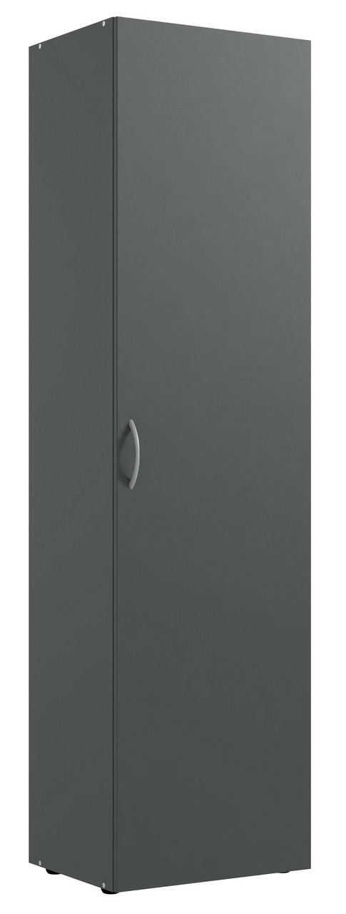 Grauer Mehrzweckschrank mit Trompetenauszug, frontal abgebildet.