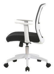 Moderner Drehstuhl in Seitenansicht mit schwarzem Sitz und weißem Gestell.