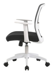 Moderner Drehstuhl in Seitenansicht mit schwarzem Sitz und weißem Gestell.