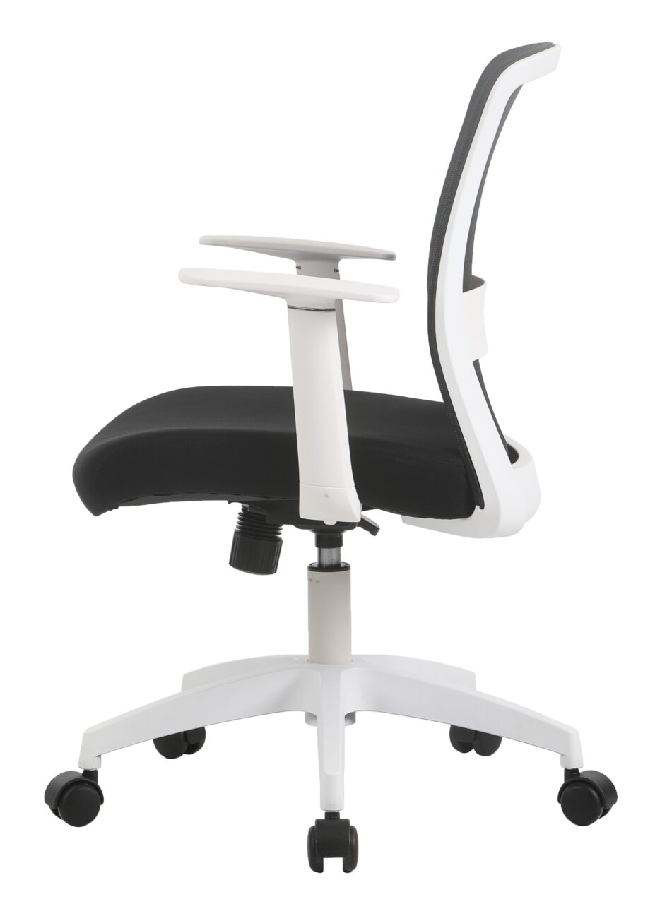 Moderner Drehstuhl in Seitenansicht mit schwarzem Sitz und weißem Gestell.