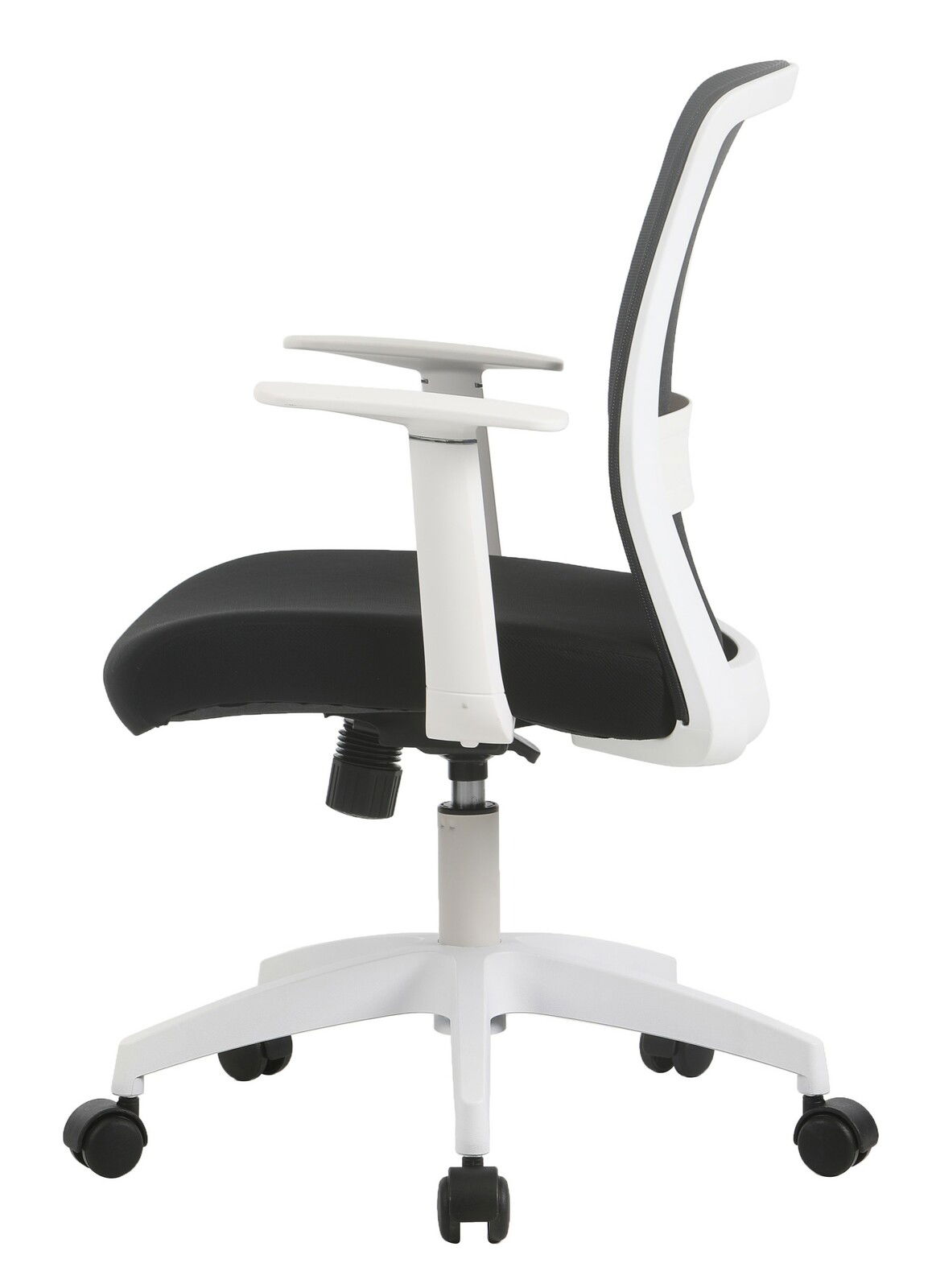 Moderner Drehstuhl in Seitenansicht mit schwarzem Sitz und weißem Gestell.