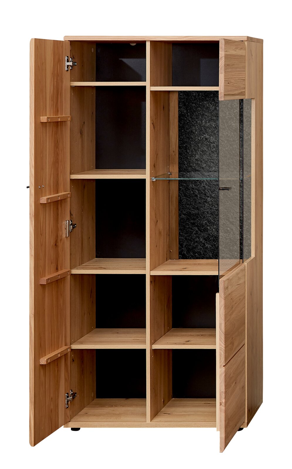 Cantus Highboard REIMS Offener Holzschrank/Vitrine aus Massivholz mit mehreren Fächern, links geöffnete Holztür und rechts Glasfront, Frontansicht in leichter Schrägperspektive