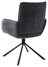 Rückansicht eines modernen Armlehnstuhls mit dunkelgrauem Stoffbezug und schwarzem Metallgestell.