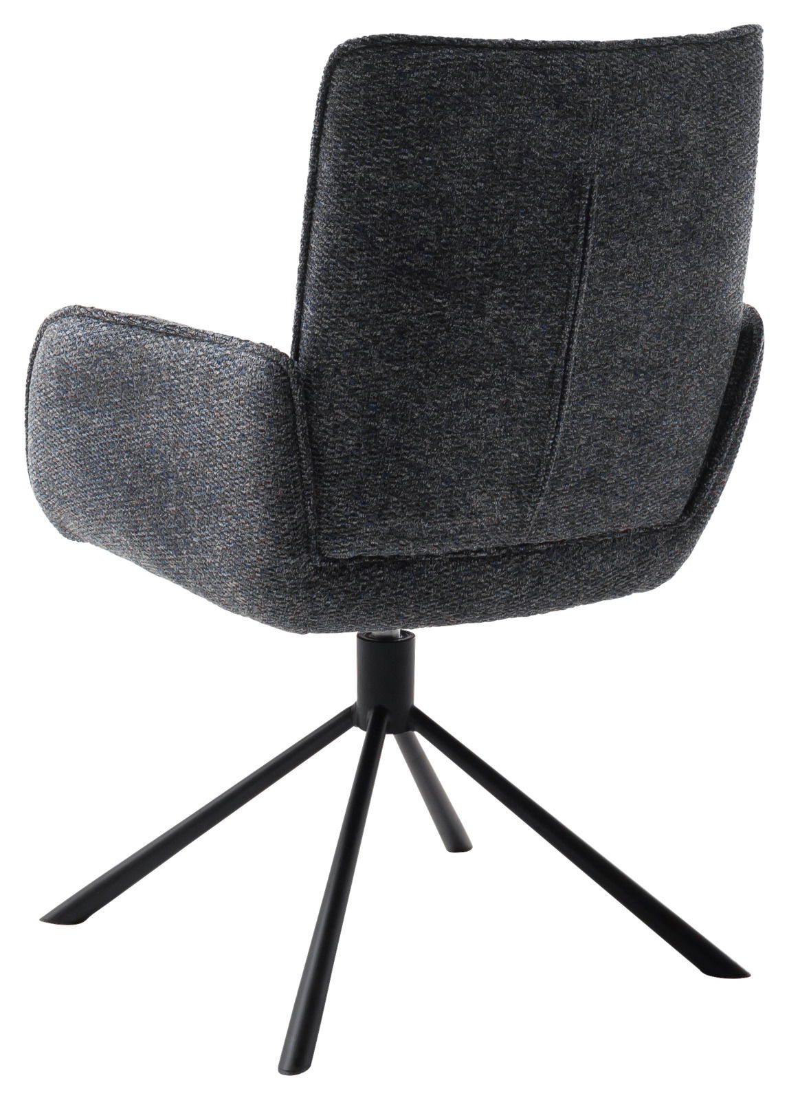 Rückansicht eines modernen Armlehnstuhls mit dunkelgrauem Stoffbezug und schwarzem Metallgestell.