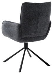 Rückansicht eines modernen Armlehnstuhls mit dunkelgrauem Stoffbezug und schwarzem Metallgestell.