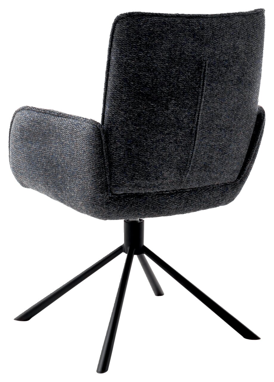 Rückansicht eines modernen Armlehnstuhls mit dunkelgrauem Stoffbezug und schwarzem Metallgestell.
