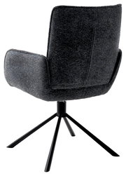 Rückansicht eines modernen Armlehnstuhls mit dunkelgrauem Stoffbezug und schwarzem Metallgestell.