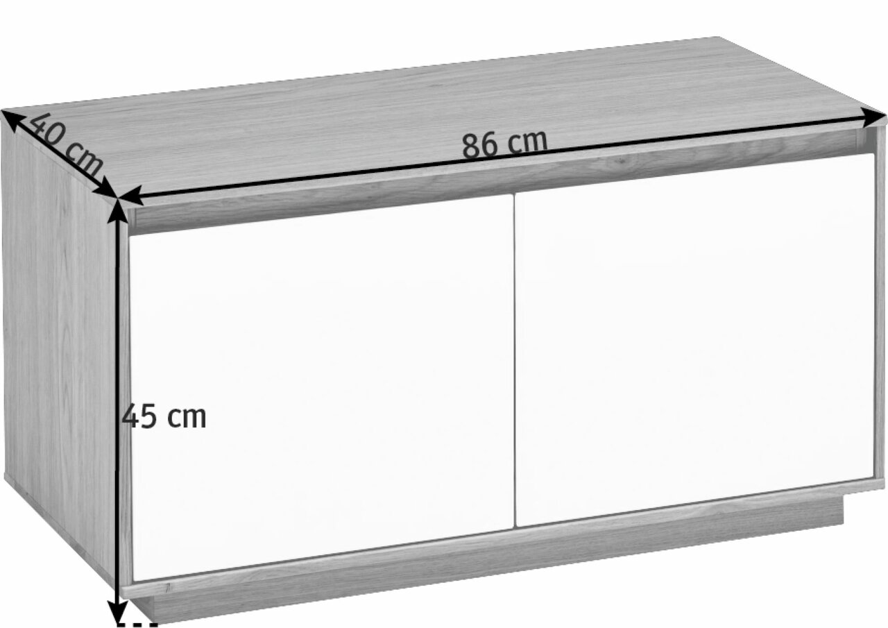 Garderobenbank aus der Serie V100 von VOSS, in Holzoptik mit weißen Fronten, Maße: 86 cm Breite, 45 cm Höhe, 40 cm Tiefe, seitliche Perspektive