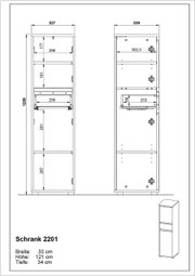 Technische Zeichnung eines Schranks mit den Maßen Breite: 33 cm, Höhe: 121 cm, Tiefe: 34 cm, Vorder- und Seitenansicht.