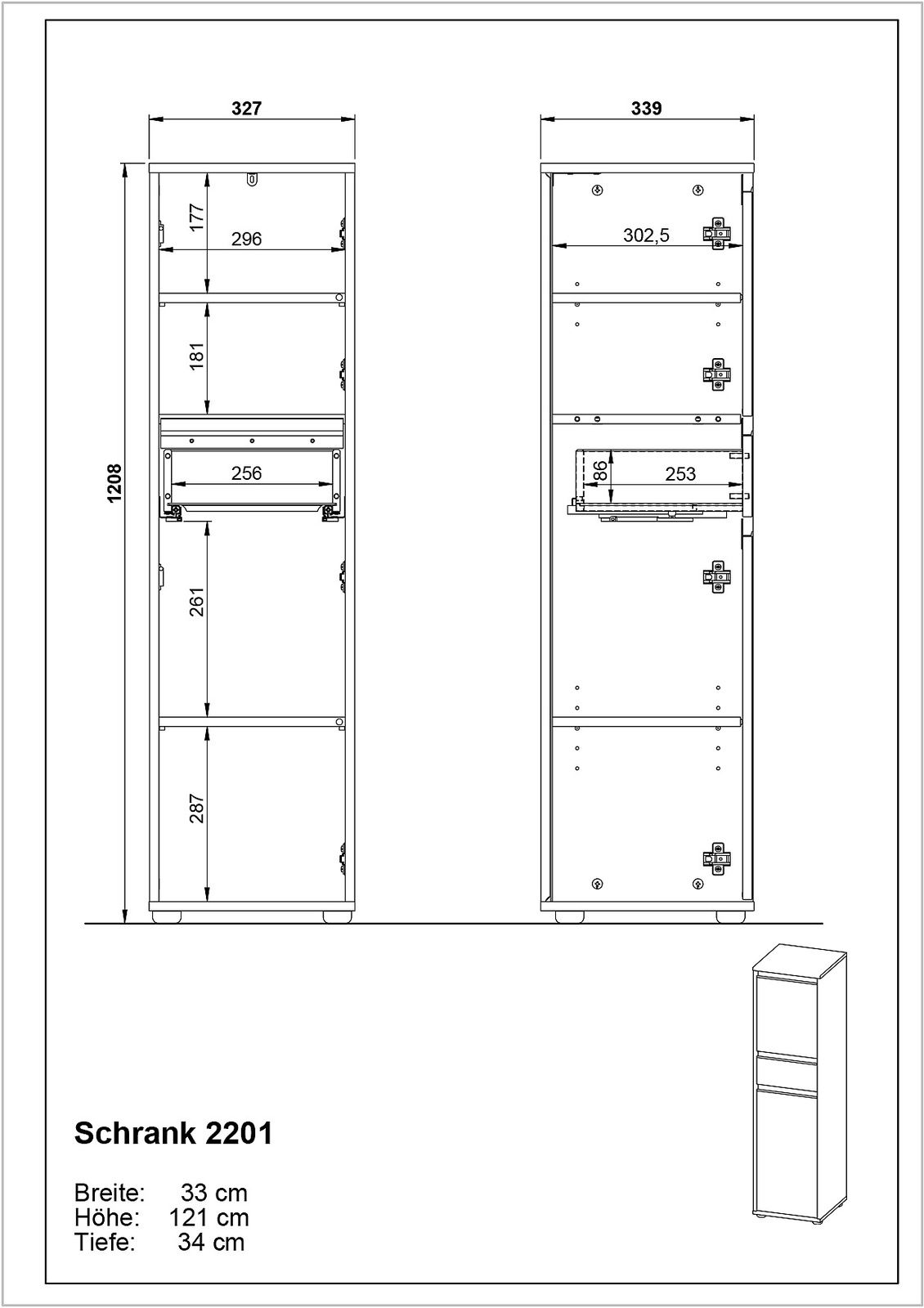 Technische Zeichnung eines Schranks mit den Maßen Breite: 33 cm, Höhe: 121 cm, Tiefe: 34 cm, Vorder- und Seitenansicht.