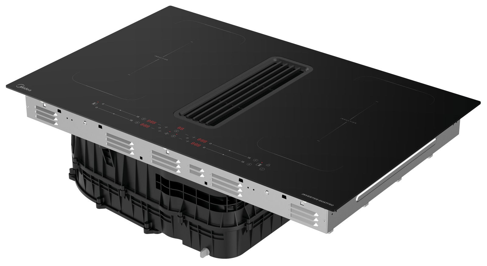 Induktionskochfeld mit integriertem Muldenlüfter, seitliche Perspektive