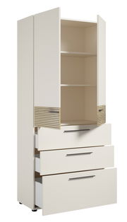 Aktenschrank mit Schubladen, cremefarben, mit offenen Türen und Schubladen, seitliche Perspektive