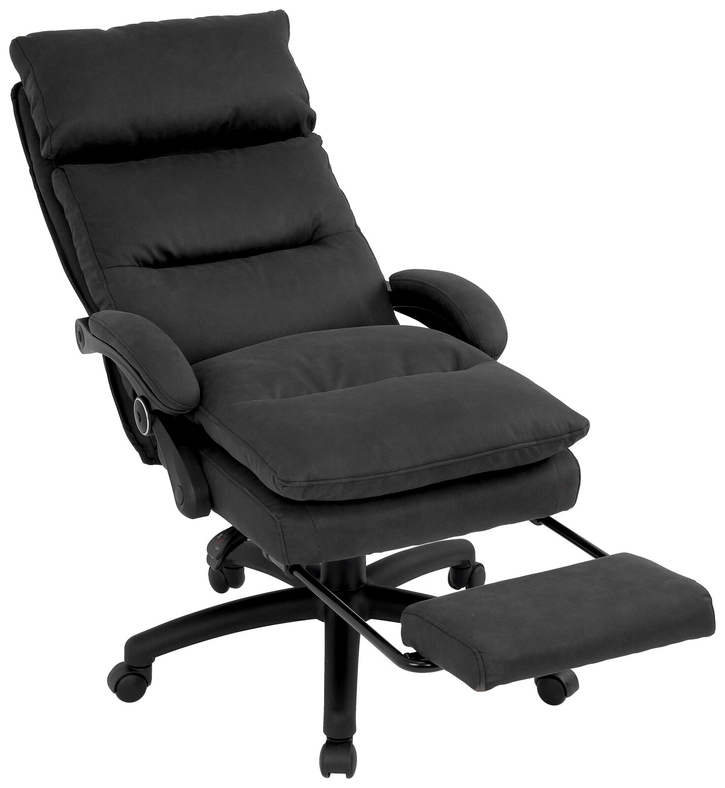 Schwarzer Chefsessel mit verstellbarer Rückenlehne und ausziehbarer Fußstütze, seitliche Perspektive