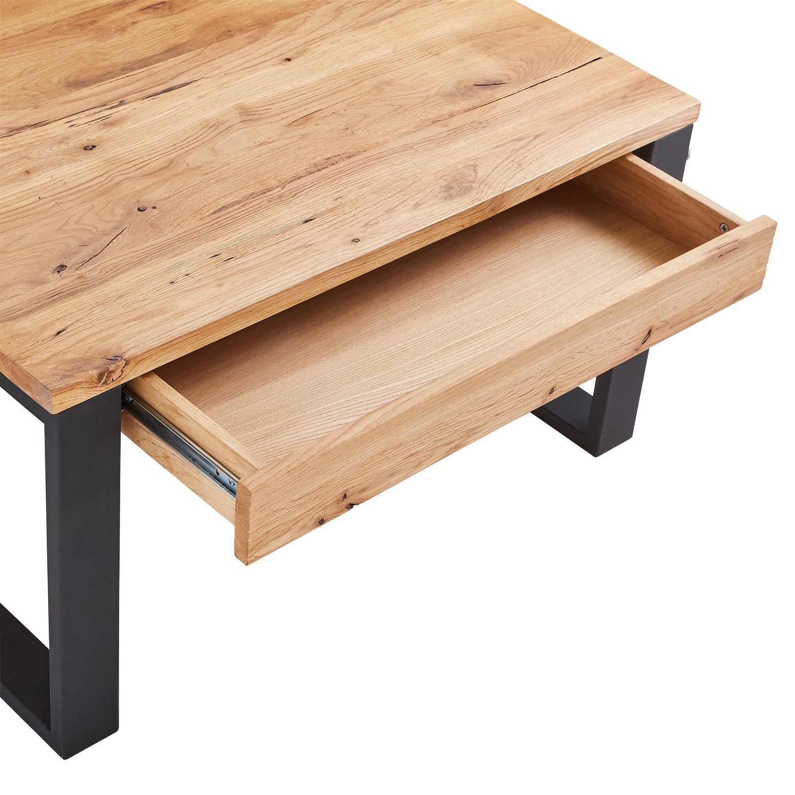 Holz-Couchtisch mit schwarzem Metallgestell und offener Schublade, Perspektive von oben.