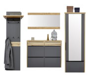 Moderne Flurmöbel-Kombination in Eiche-Optik und Anthrazit mit Garderobenpaneel, Kommode, Wandspiegel und Hochschrank, frontal aus der Vorderansicht freigestellt auf weißem Hintergrund