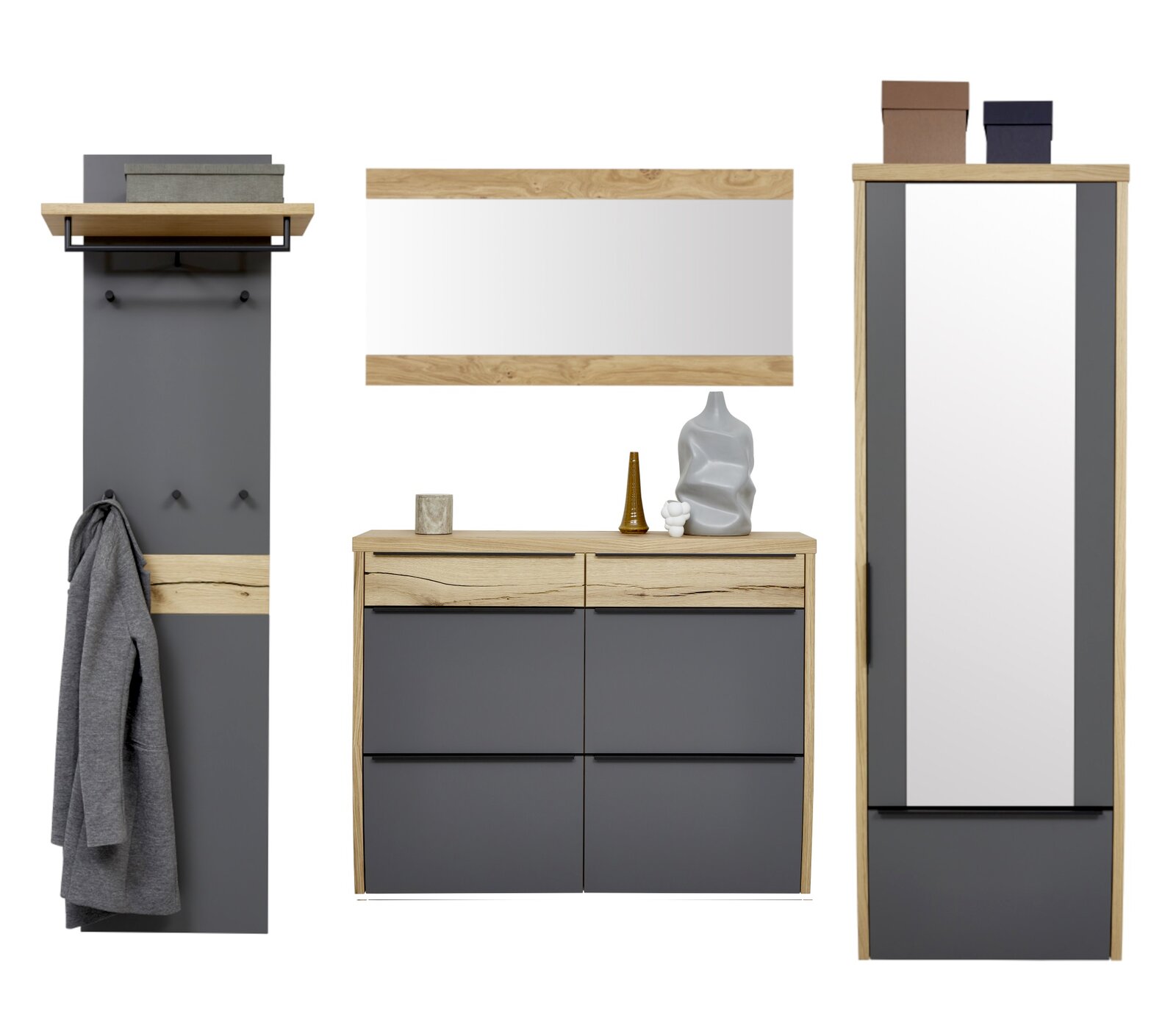 Dieter Knoll Garderoben-Set 4-tlg. ARCO TREND Moderne Flurmöbel-Kombination in Eiche-Optik und Anthrazit mit Garderobenpaneel, Kommode, Wandspiegel und Hochschrank, frontal aus der Vorderansicht freigestellt auf weißem Hintergrund
