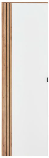 Frontansicht eines Garderoben-Hängeschranks mit weißer Tür und Holzverkleidung auf der linken Seite.