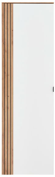 Frontansicht eines Garderoben-Hängeschranks mit weißer Tür und Holzverkleidung auf der linken Seite.