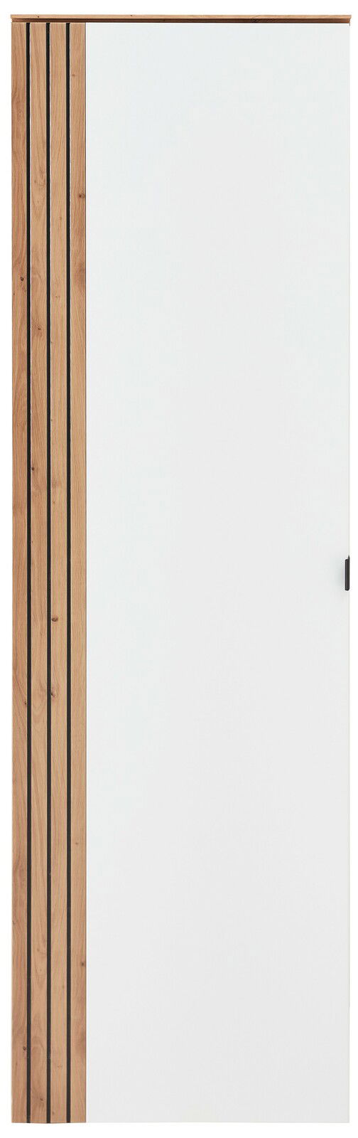 Frontansicht eines Garderoben-Hängeschranks mit weißer Tür und Holzverkleidung auf der linken Seite.