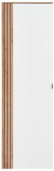 Frontansicht eines Garderoben-Hängeschranks mit weißer Tür und Holzverkleidung auf der linken Seite.