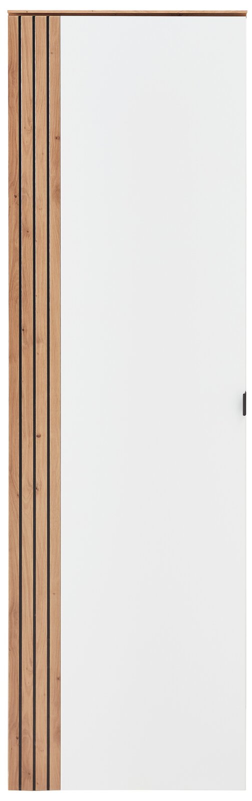 Frontansicht eines Garderoben-Hängeschranks mit weißer Tür und Holzverkleidung auf der linken Seite.