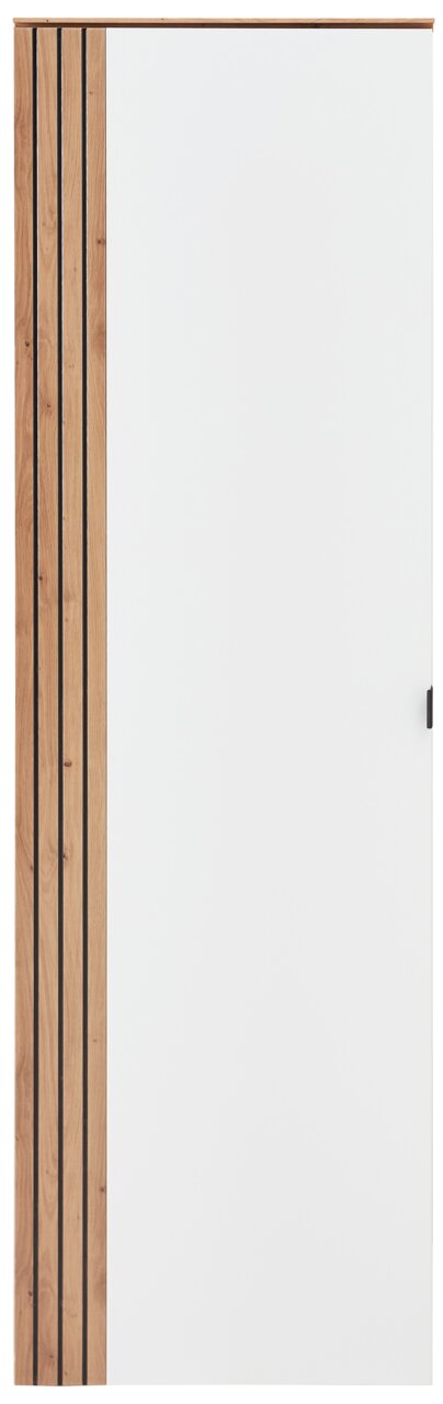 Vooraanzicht van een hangkast met witte deur en houten bekleding aan de linkerkant.