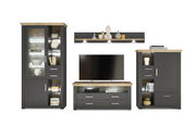 Moderne Wohnwand in dunklem Holz mit Glasvitrine, TV-Schrank und Regal, frontal betrachtet.