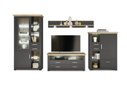 Moderne Wohnwand in dunklem Holz mit Glasvitrine, TV-Schrank und Regal, frontal betrachtet.