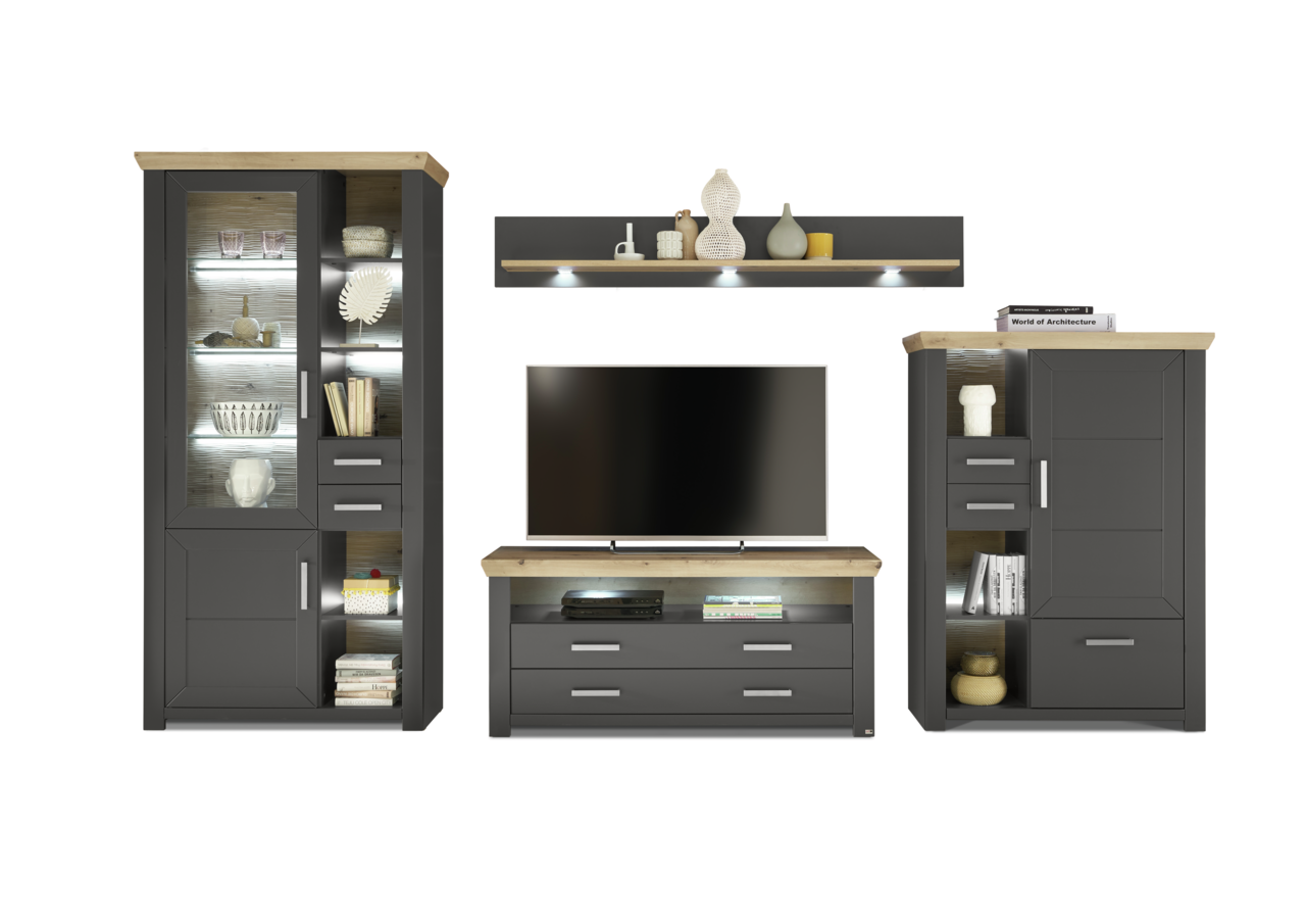 Moderne Wohnwand in dunklem Holz mit Glasvitrine, TV-Schrank und Regal, frontal betrachtet.