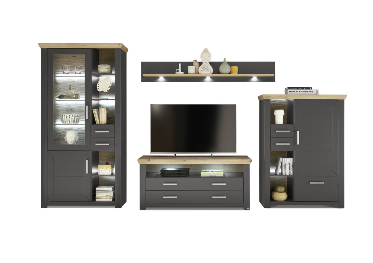 Set one by Musterring Wohnwand SET ONE YORK Moderne Wohnwand in dunklem Holz mit Glasvitrine, TV-Schrank und Regal, frontal betrachtet.