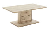 Moderner Couchtisch aus hellem Holz mit rechteckiger Tischplatte und zentralem Standfuß, seitliche Perspektive