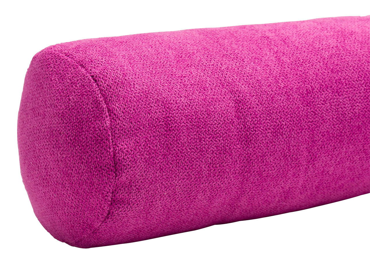 Nahaufnahme einer pinken Zugluftrolle aus 100% Polyester, seitliche Perspektive